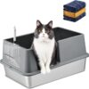 Stainless Steel Cat Litter Box with Lid, Large Metal Litter Box for Big & Multiple Kittens with High Sides, Cat Box with Litter Scoop & Litter Mat, Open Top, Anti-Leakage, Non-Sticky, Easy Cleaning